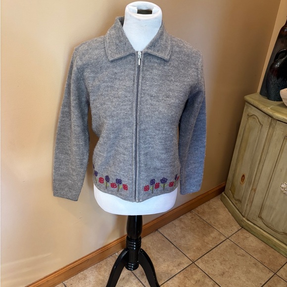 Karen Scott Jackets & Blazers - Karen Scott Pure Wool Sweater Full Zip Jacket with Floral Embroidered Accents
